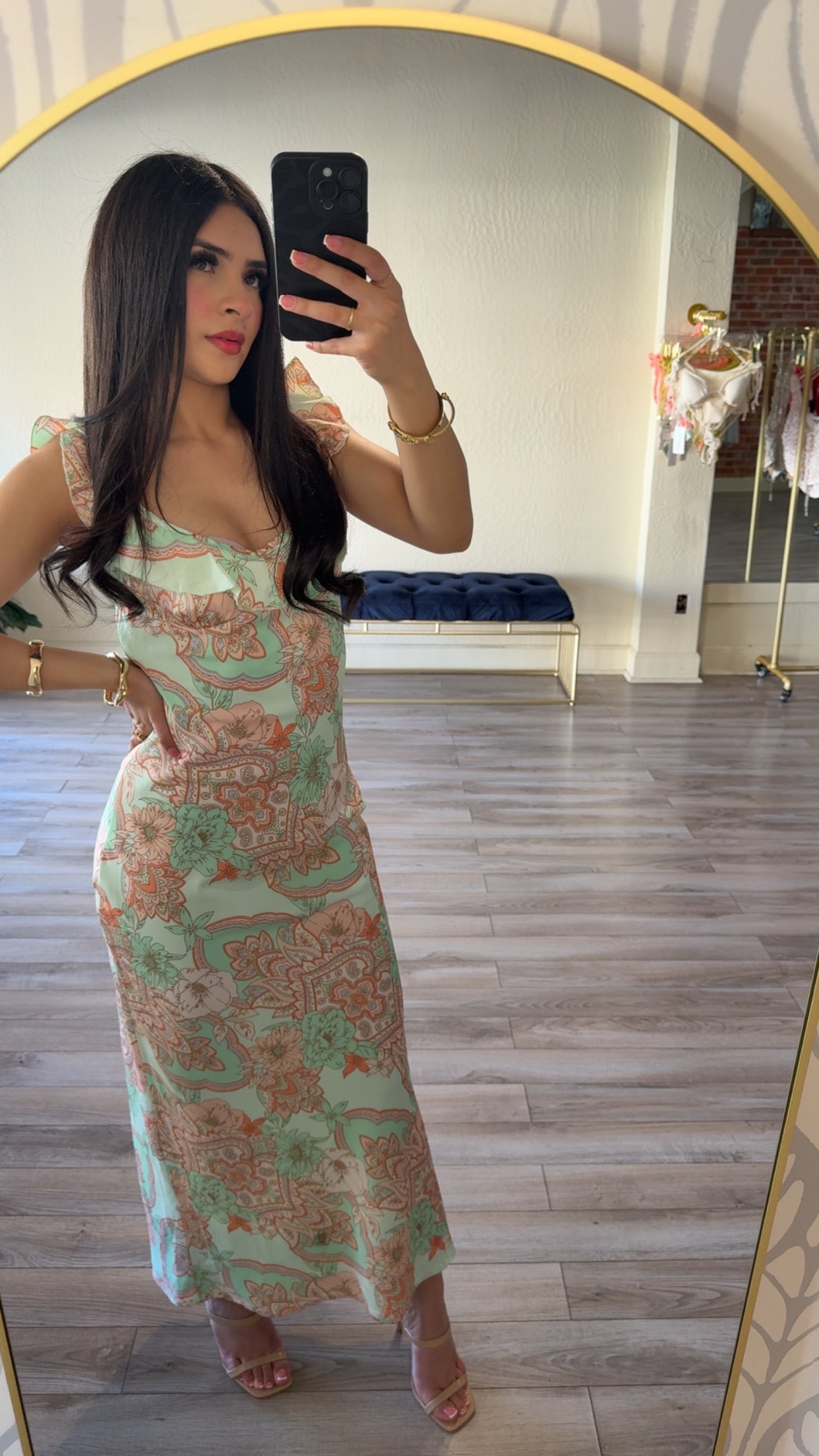 Paisley Satin Ruffle Maxi Dress