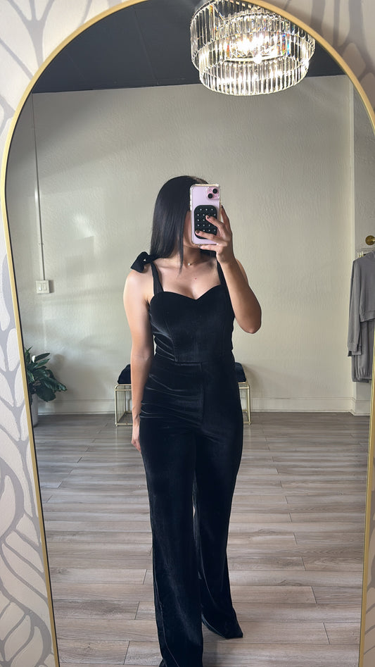 Shoulder Tie Velvet Jumpsuit